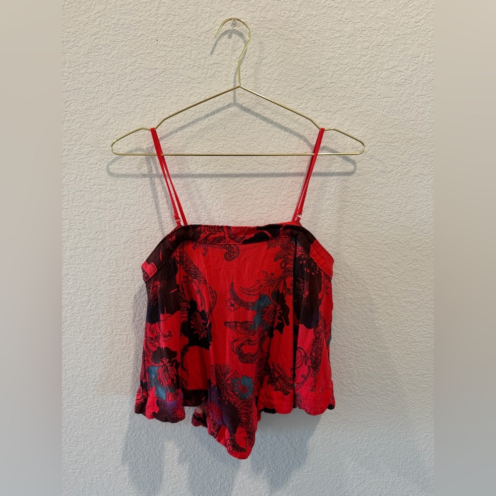 Free People red floral cropped triangle halter top built in bralette